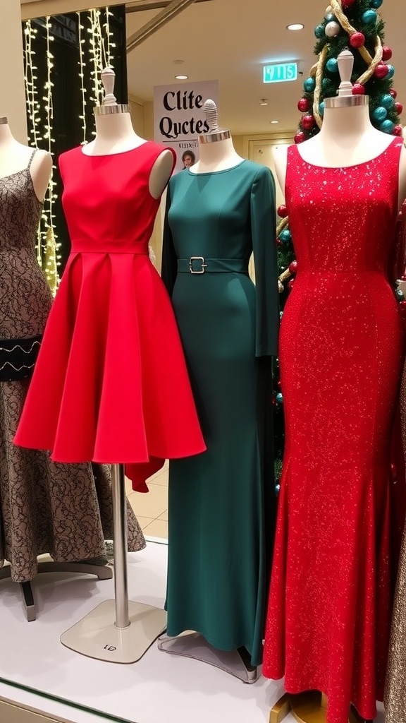 Stylish Christmas Dresses for the Holiday Season Stylish Christmas dresses in red, green, and sparkly designs displayed with holiday decorations.